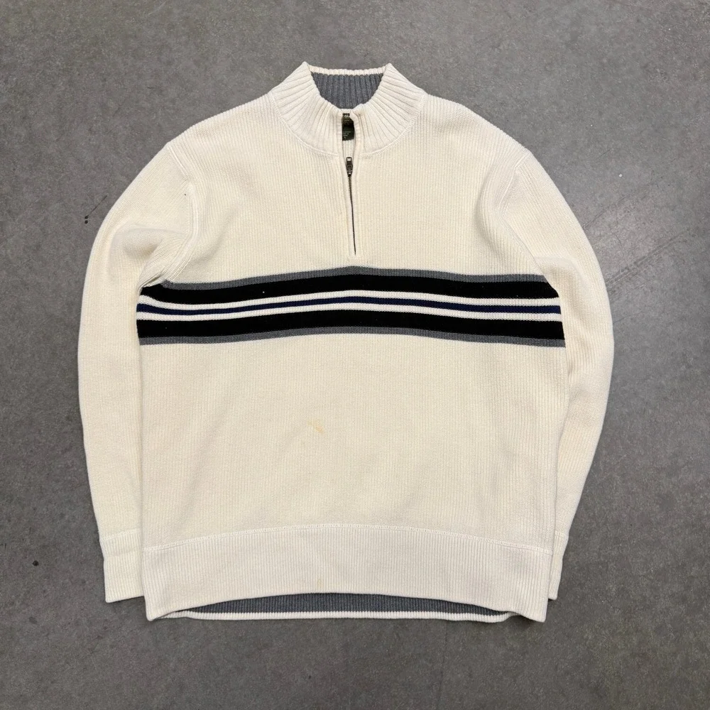 Eddie Bauer Mens Large Cream Striped Quarter Zip 100% Cotton Knit Sweater